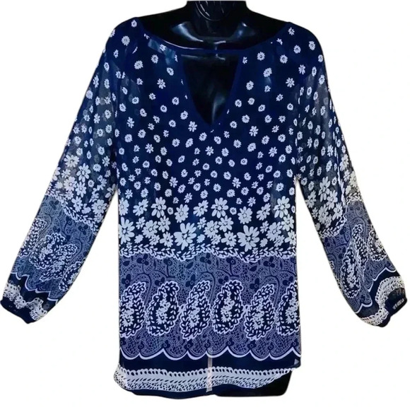 Altar’d State Blue Floral Print Long Sleeve Scoop Neck Blouse Size S - Picture 9 of 14